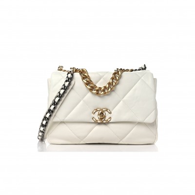 CHANEL LAMBSKIN QUILTED LARGE CHANEL 19 FLAP WHITE GOLD HARDWARE (30*20*9cm)